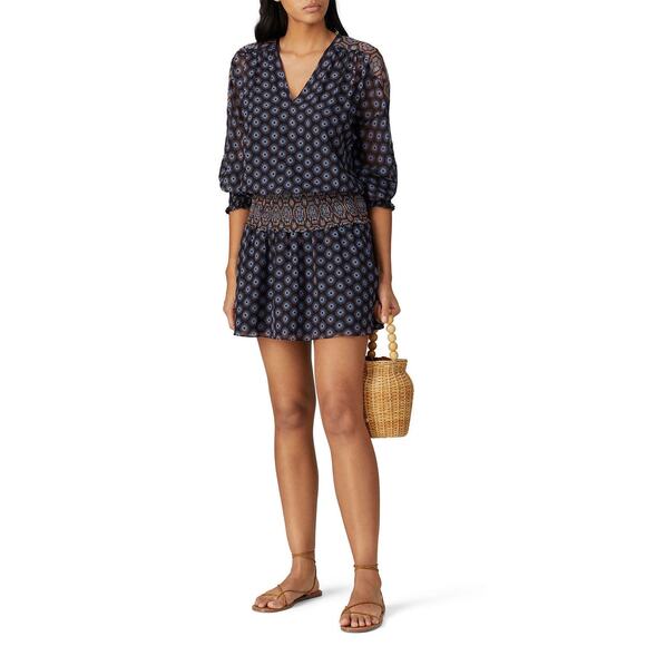 Ramy Brook Navy Geometric Smocked Davey Printed Mini Blouson Dress Size Medium - Picture 1 of 7